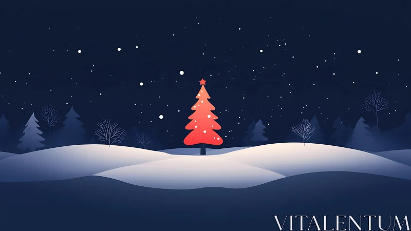 Minimalist red Christmas tree on snowy hills under night sky