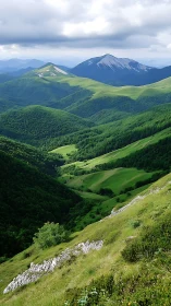Layered green mountain valleys under dense cloud cover.