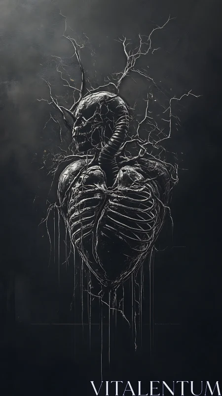 Skeletal heart effigy with branching veins on obsidian field.