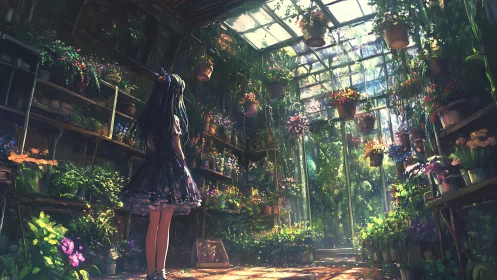 Midnight-dressed girl wandering a sun-drenched glass garden.