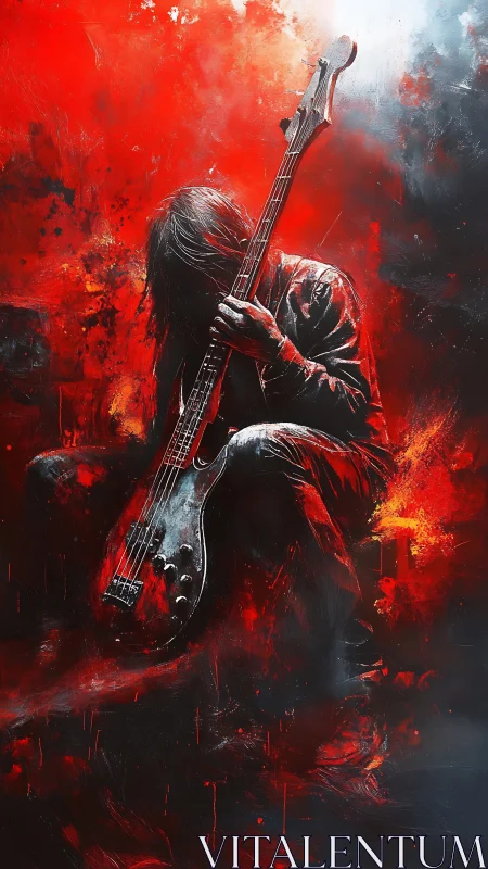 Rock bassist silhouette in red inferno expressionist painting.