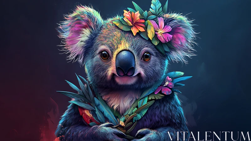 Floral crowned koala muse glowing in dreamy neon rainforest.