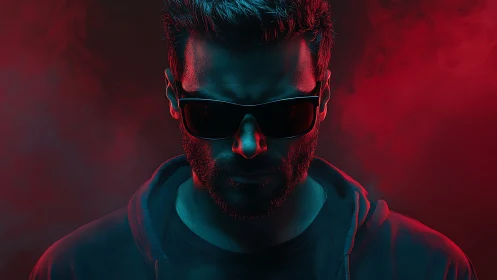 Moody cyberpunk portrait under red and teal lighting.
