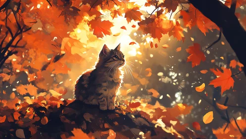 Tabby Cat Silhouetted Against Autumn Foliage Backlight.