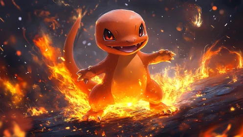 Fire-type Pokemon rendered with volumetric flame effects and dynamic particle simulation