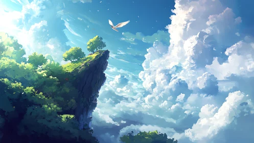Soaring bird above sunlit cliff and luminous clouds.