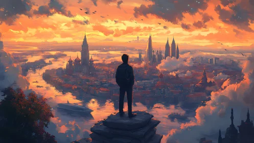 Dreamy city sunrise watched from a quiet cliffside overlook.