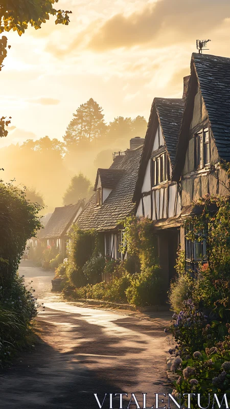 Sunlit English cottages line misty village lane at dawn