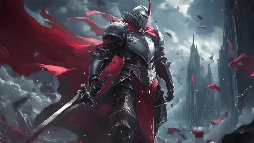 Armored knight stands amid stormy gothic ruins with sword drawn