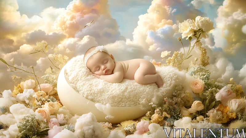 Dreamlike newborn slumber in floral cloud cradle scene.