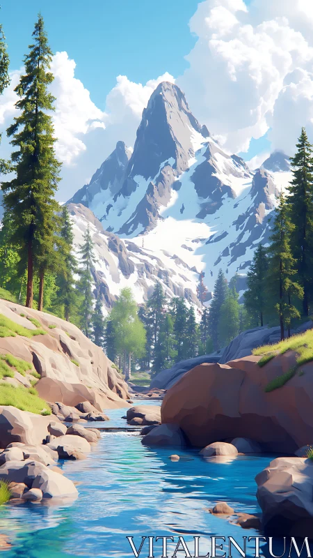 Sunlit alpine river beneath stylized snowcapped peak.