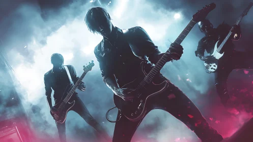 Rock band guitarists performing on stage under colored lights.