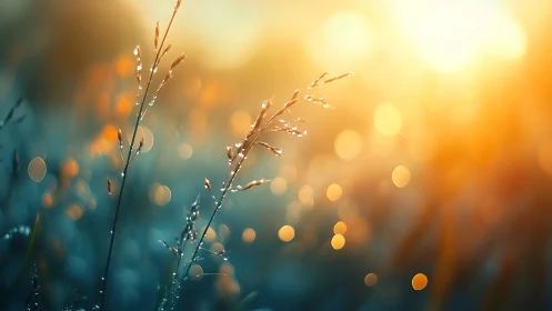 Dew covered grass in warm golden sunrise light.