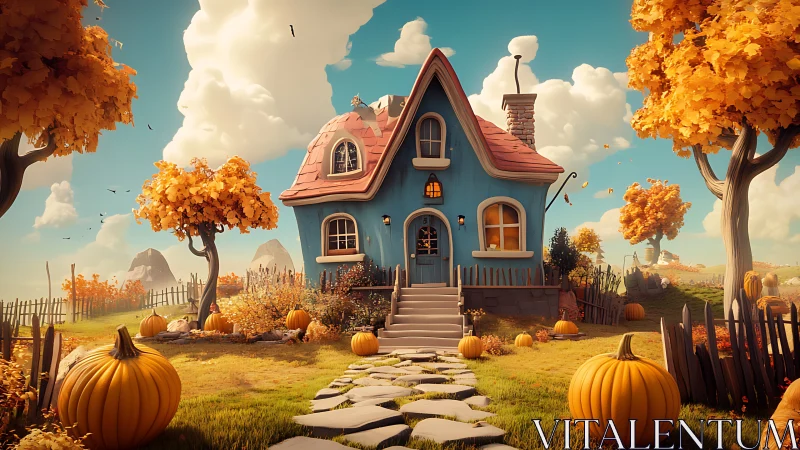 Pumpkin-bright autumn cottage cozies under a candy sky