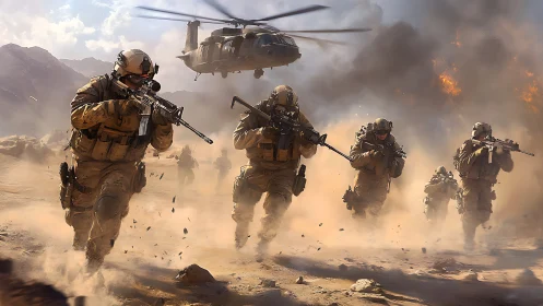 Combat squad advancing through desert firestorm under rotorwash.