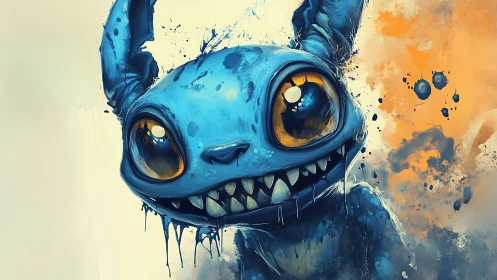 Blue splatter creature grinning through golden-eyed mischief.