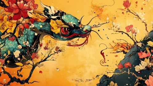 Emerald dragon amid blazing florals on ochre sky canvas.