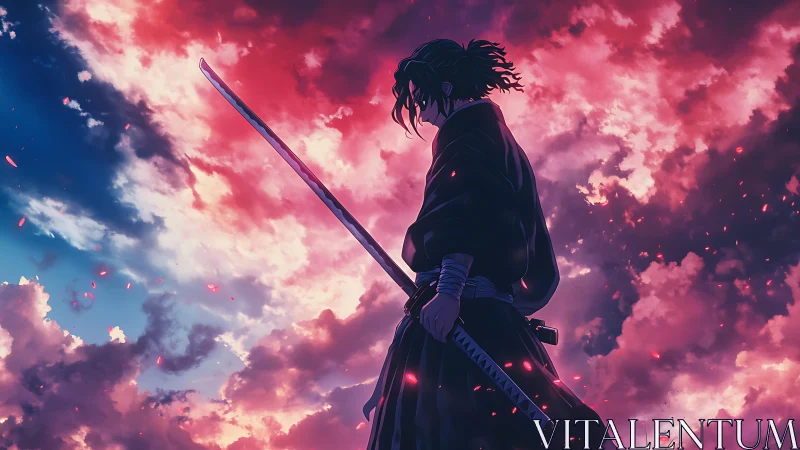 Silhouetted samurai warrior with katana against magenta storm sky