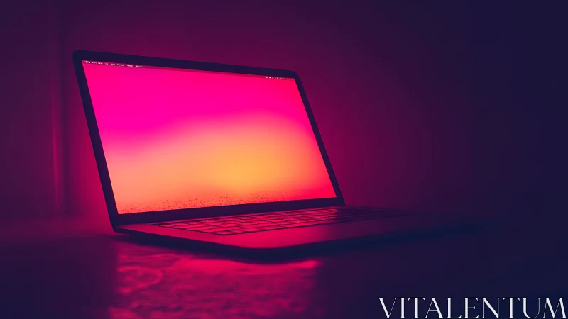 Open laptop with gradient screen in dark low light scene.