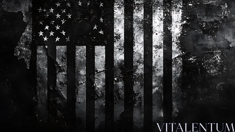 Distressed monochrome American flag with grunge texture.
