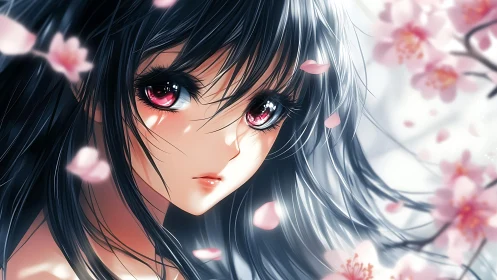 Starlit eyes linger beneath drifting blush-pink petals