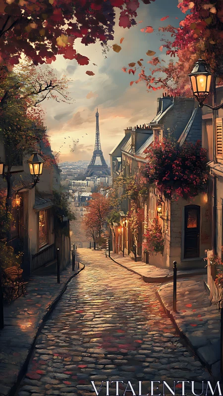 Autumnal Parisian street perspective with illuminated cobblestones.