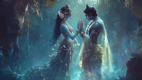 Divine blue-skinned couple rendered in luminous digital painting