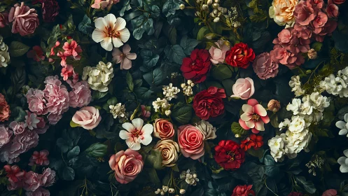 Dense floral arrangement with varied blooms on dark foliage background.