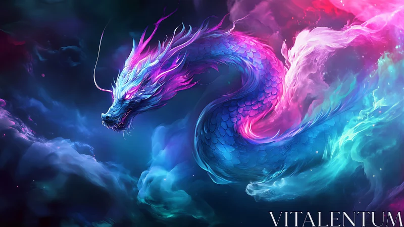 Neon cosmic dragon coils through luminous mist clouds.