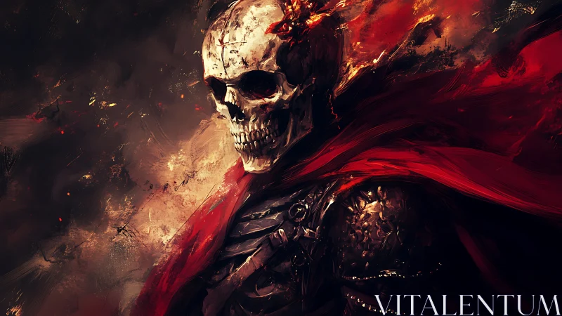 Flaming skeletal warrior in armor with flowing red cloak.
