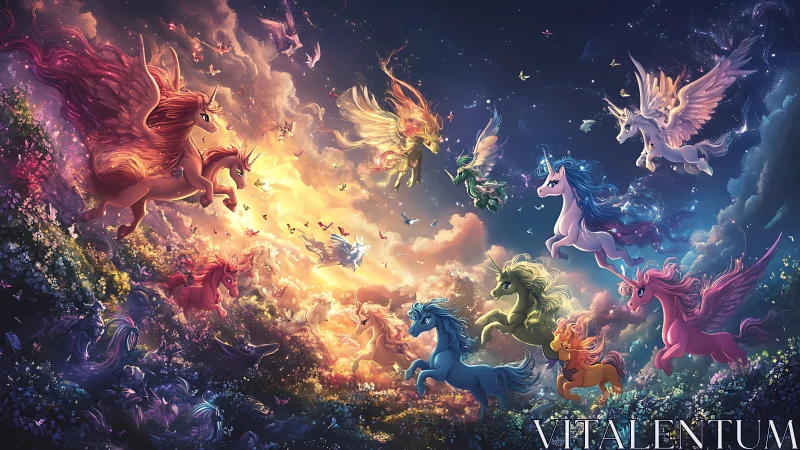 Prismatic winged unicorns racing through celestial clouds.