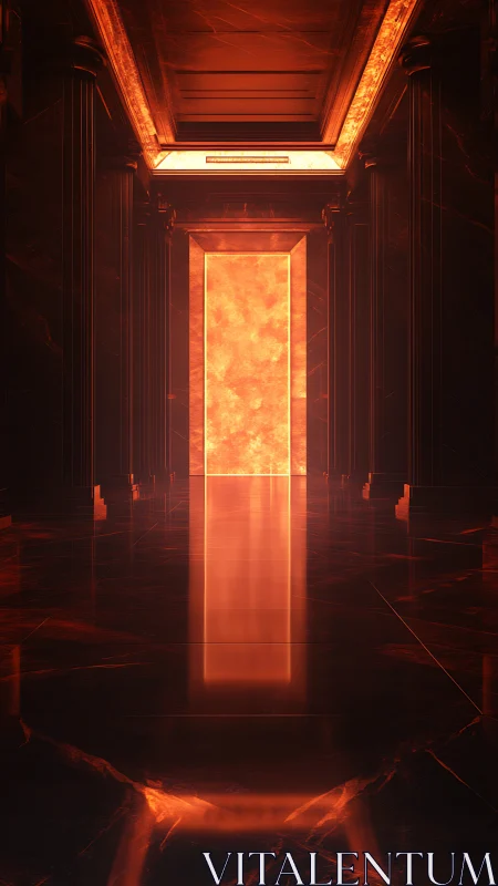 Luminous fiery portal in dark reflective corridor interior.