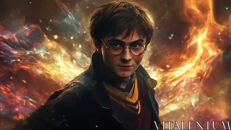 Young bespectacled figure amid swirling fiery energy field.