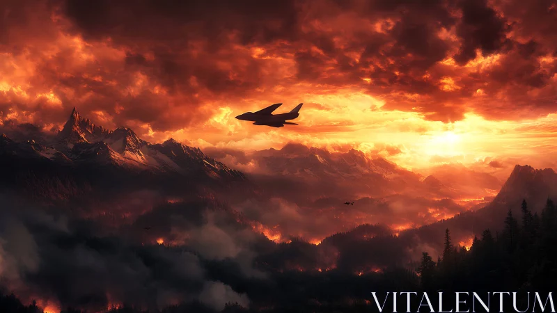 Silhouetted aircraft above burning landscape at dramatic sunset.