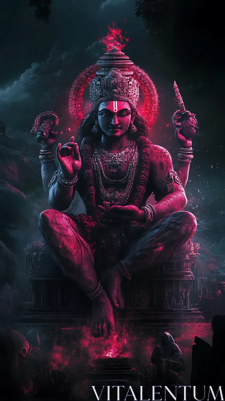Digital painting of fiery seated deity in dark temple space.