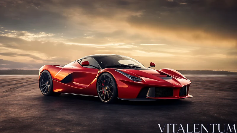 Low-slung red hypercar with aerodynamic surfacing on deserted tarmac