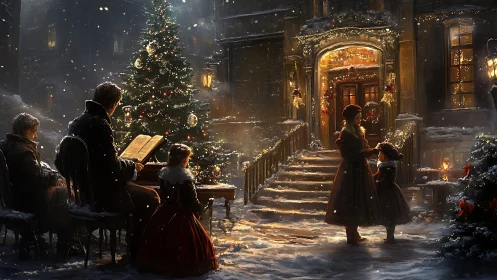 Victorian family carols beside a glowing Christmas doorway.