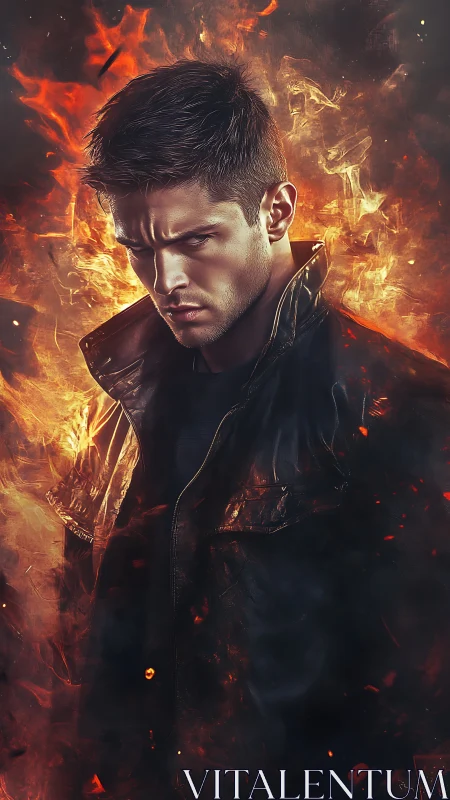 Brooding male portrait framed in dynamic inferno lighting.