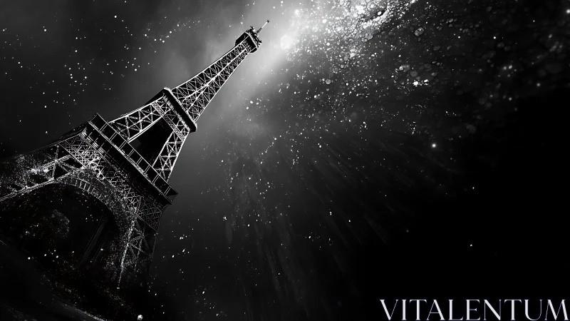 Monochrome Eiffel Tower under cosmic particle light burst.
