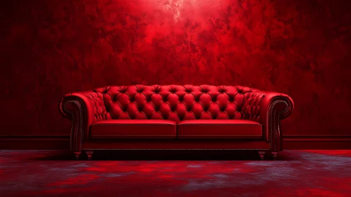 Red leather Chesterfield sofa against bold textured wall.