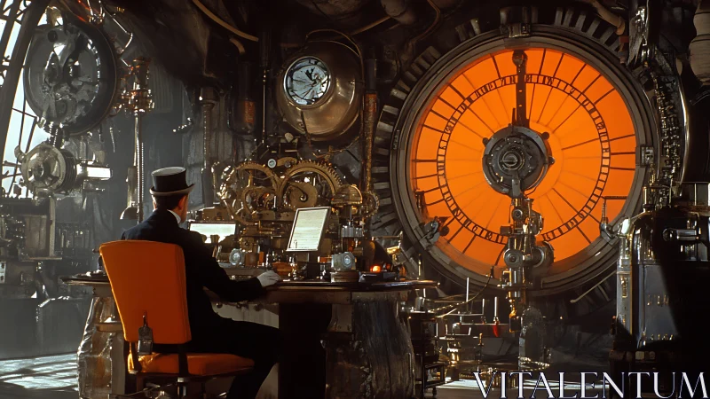 Curious inventor studies a glowing steampunk time engine
