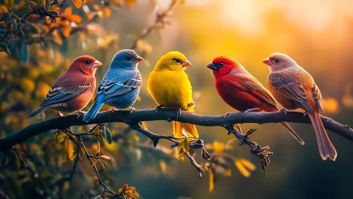 Colorful songbirds on a branch at sunset in vibrant realism.