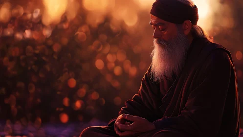 Elderly monk meditating in warm sunset bokeh light.