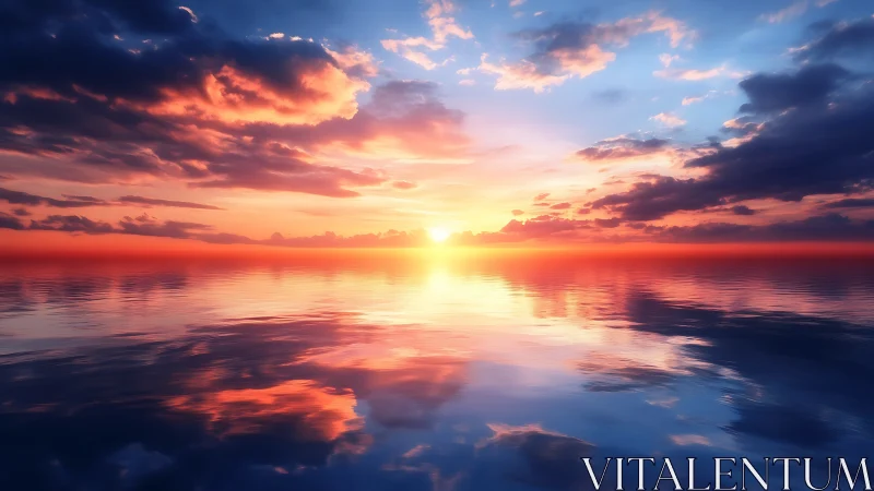 Radiant sunset sinks into mirror-still reflective ocean horizon.