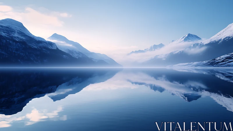 Symmetrical snow-covered mountain range reflected on lake.