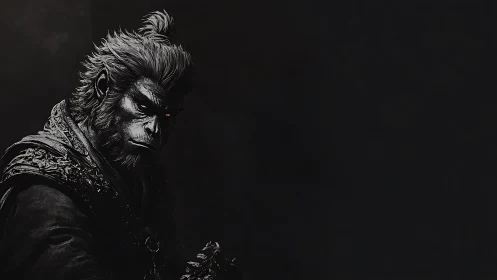 Monkey warrior portrait rendered in dark monochrome lighting