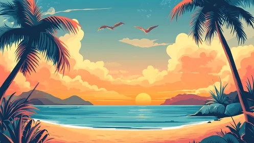 Vectorial tropical sunset seascape with stylized palm silhouettes.