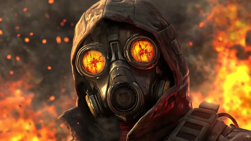 Post-Apocalyptic Survivor in Gas Mask Among Flames.