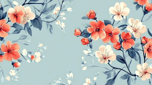 Coral and cream flowers bloom beautifully across soft blue