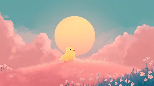 Small yellow bird on pink hill under large pastel sun.